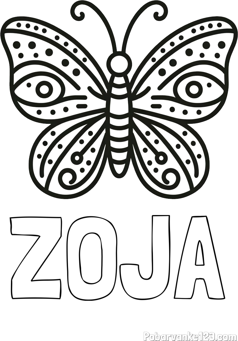 Pobarvanka imena ZOJA in preprosta pobarvanka metulja