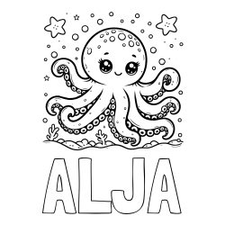 Online izdelana pobarvanka - Pobarvanka imena ALJA in pobarvanka hobotnice v morju obdane z morskimi zvezdami