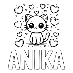 Online izdelana pobarvanka - Pobarvanka imena ANIKA in pobarvanka ljubke mucke obdane z veliko srčki