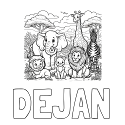 Online izdelana pobarvanka - Pobarvanka imena DEJAN in pobarvanka ljubkih živali