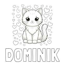 Online izdelana pobarvanka - Pobarvanka imena DOMINIK in pobarvanka ljubke mucke obdane s srčki
