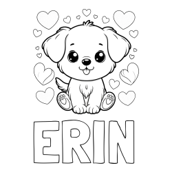 Online izdelana pobarvanka - Pobarvanka imena ERIN in pobarvanka ljubkega kužka obdanega s srčki