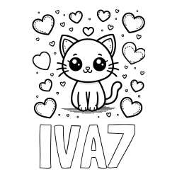 Online izdelana pobarvanka - Pobarvanka imena IVA7 in pobarvanka ljubke mucke obdane z veliko srčki