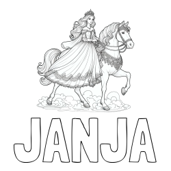 Online izdelana pobarvanka - Pobarvanka imena JANJA in pobarvanka princese na konju