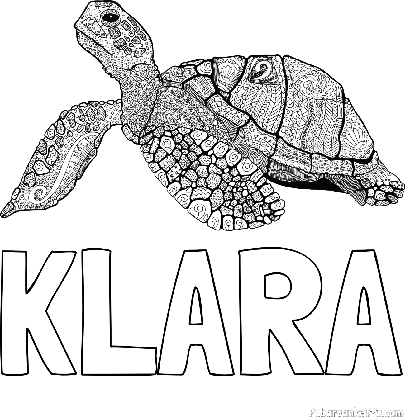 Pobarvanka imena KLARA in pobarvanka velike želve - mandale