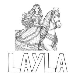 Online izdelana pobarvanka - Pobarvanka imena LAYLA in pobarvanka nasmejana princese na konju