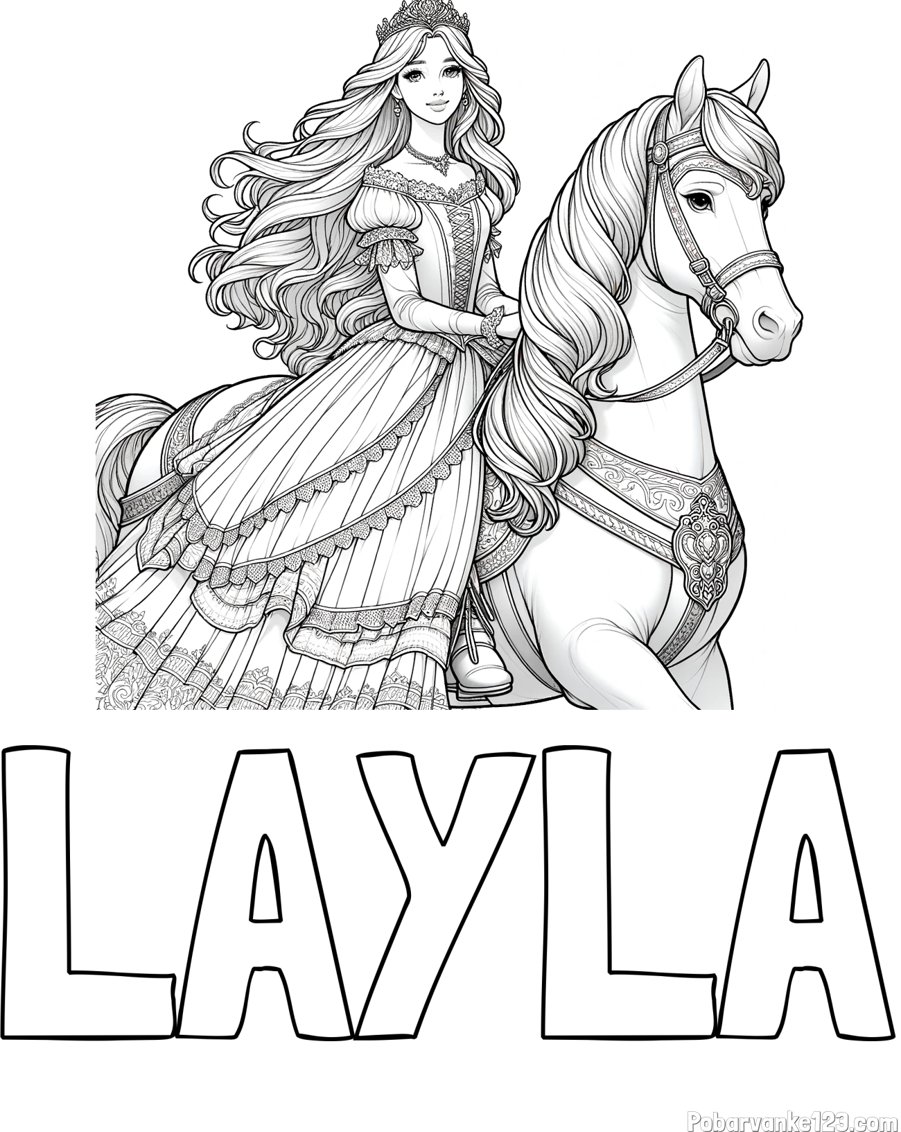 Pobarvanka imena LAYLA in pobarvanka nasmejana princese na konju