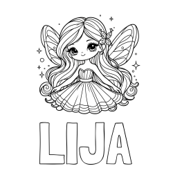 Online izdelana pobarvanka - Pobarvanka imena LIJA in pobarvanka ljubke in nasmejane čarobne vile
