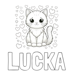 Online izdelana pobarvanka - Pobarvanka imena LUČKA in pobarvanka ljubke mucke obdane s srčki