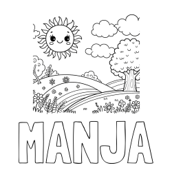 Online izdelana pobarvanka - Pobarvanka imena MANJA in otroška pobarvanka narave