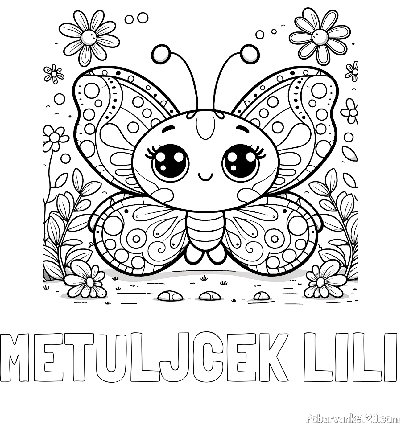 Pobarvanka imena METULJČEK LILI in pobarvanka ljubkega metuljčka