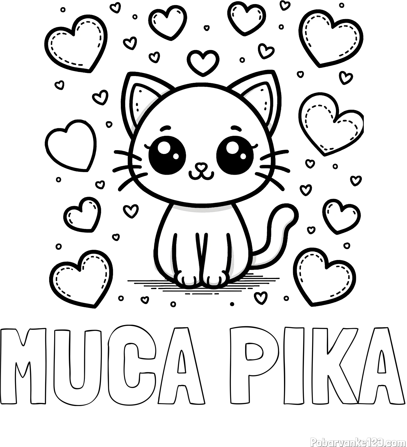 Pobarvanka imena MUCA PIKA in pobarvanka ljubke mucke obdane z veliko srčki