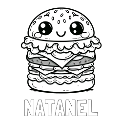 Online izdelana pobarvanka - Pobarvanka imena NATANEL in otroška pobarvanka nasmejanega hamburgerja