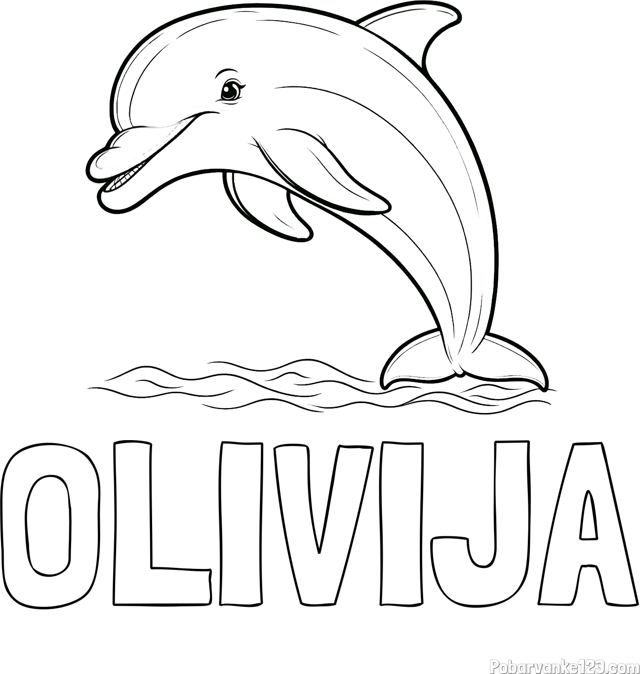 Pobarvanka imena OLIVIJA in otroška pobarvanka nasmejanega delfina v skoku