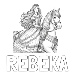 Online izdelana pobarvanka - Pobarvanka imena REBEKA in pobarvanka nasmejana princese na konju