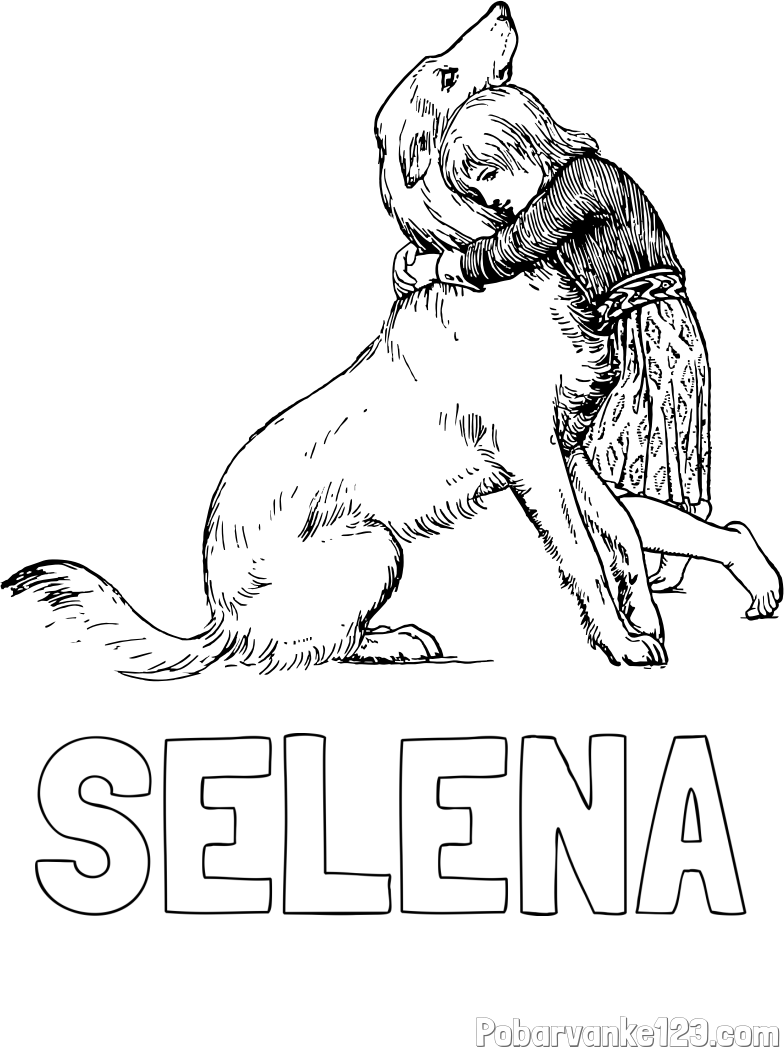 Pobarvanka imena SELENA in pobarvanka prikupnega kužka, ki ga objema mala deklica