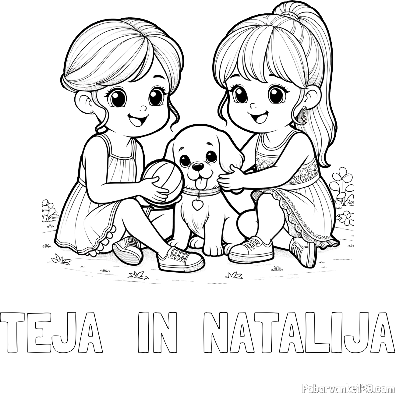 Pobarvanka imena TEJA   IN  NATALIJA in pobarvanka prijateljic s kužkom