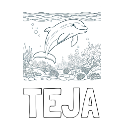 Online izdelana pobarvanka - Pobarvanka imena TEJA in pobarvanka ljubkega delfina med plavanjem v morju