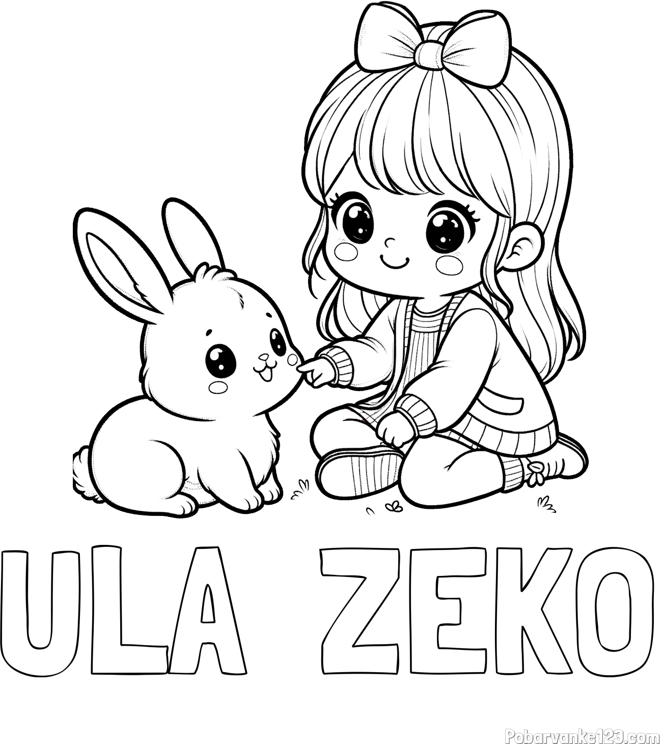 Pobarvanka imena ULA  ZEKO in pobarvanka ljubke punčke, ki se igra z zajčkom