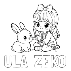 Online izdelana pobarvanka - Pobarvanka imena ULA  ZEKO in pobarvanka ljubke punčke, ki se igra z zajčkom