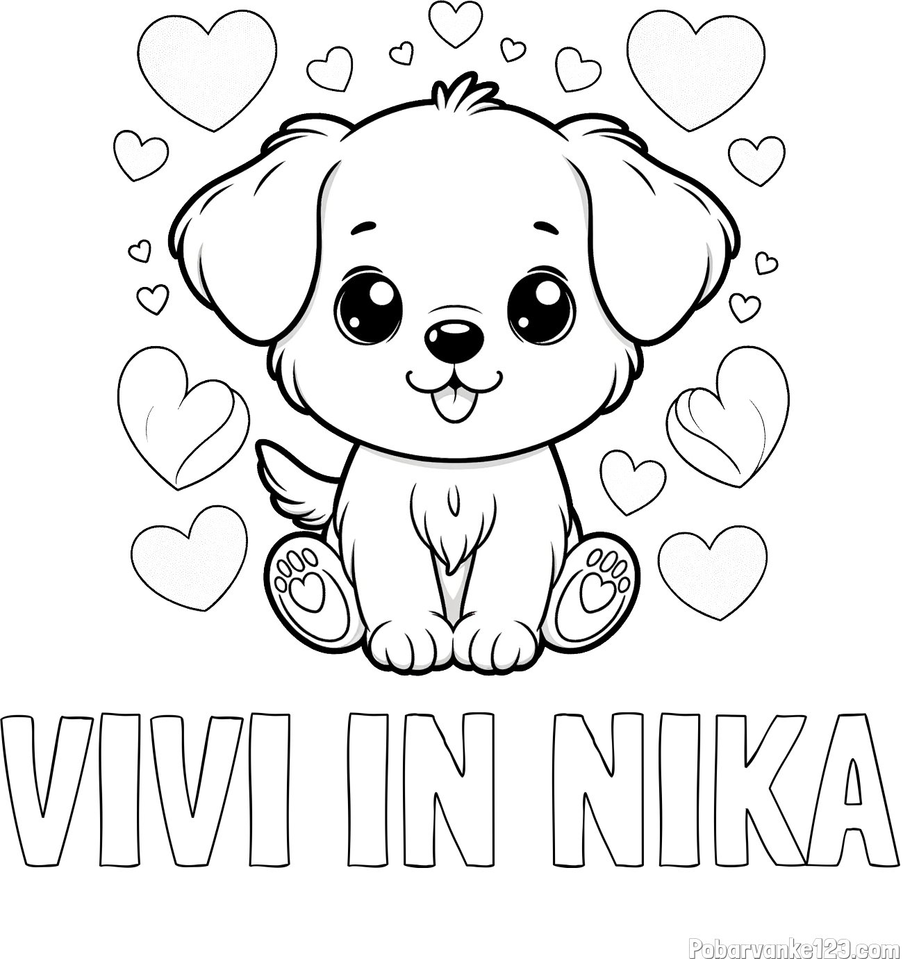Pobarvanka imena VIVI IN NIKA in pobarvanka ljubkega kužka obdanega s srčki