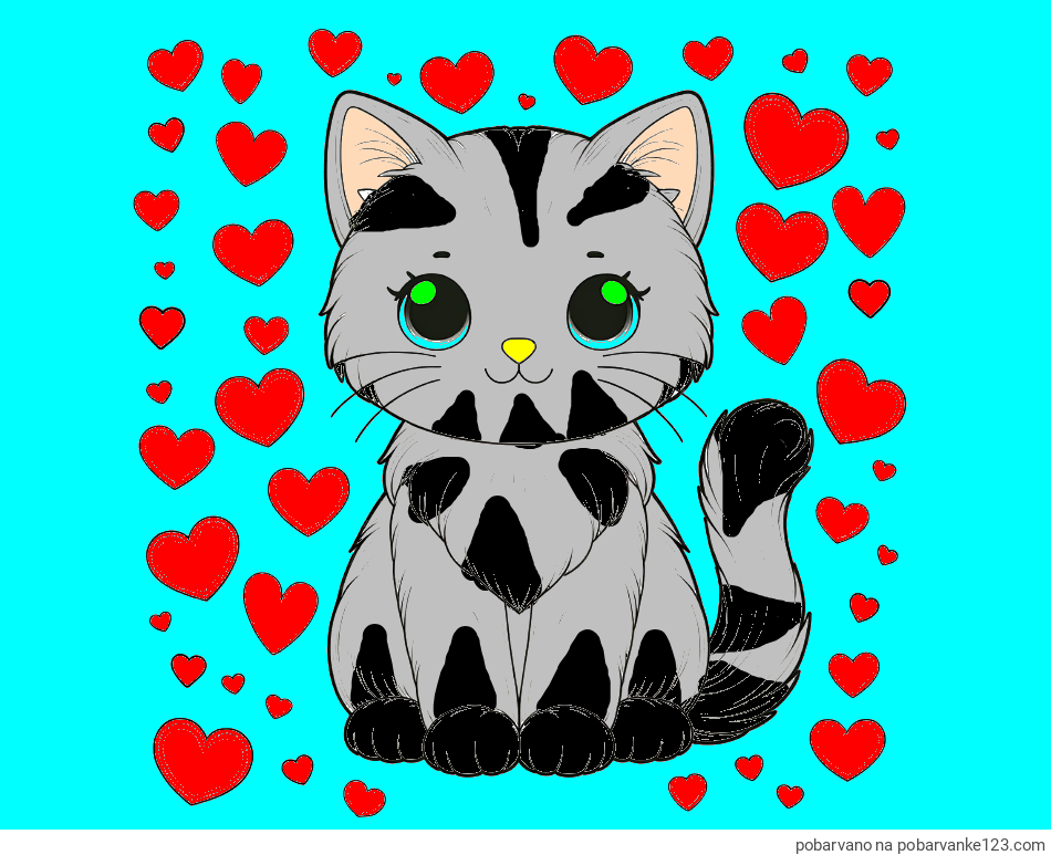 POBARVANA POBARVANKA - Pobarvanka ljubke mucke obdane s srčki