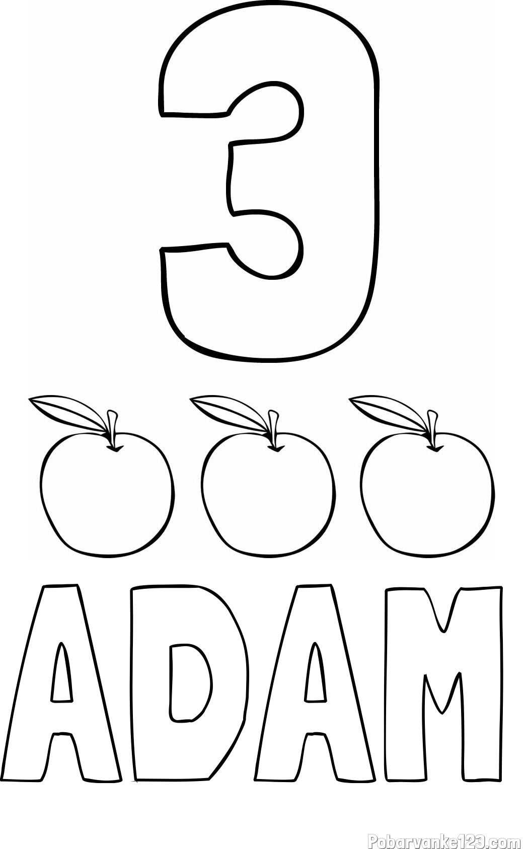Pobarvanka imena ADAM in pobarvanka števila 3 s slikovnim prikazom