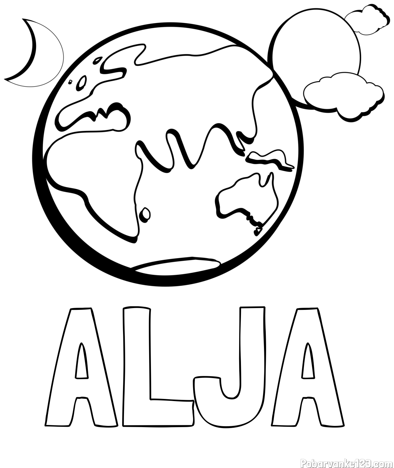 Pobarvanka imena ALJA in pobarvanka planeta Zemlje, lune ter sonca
