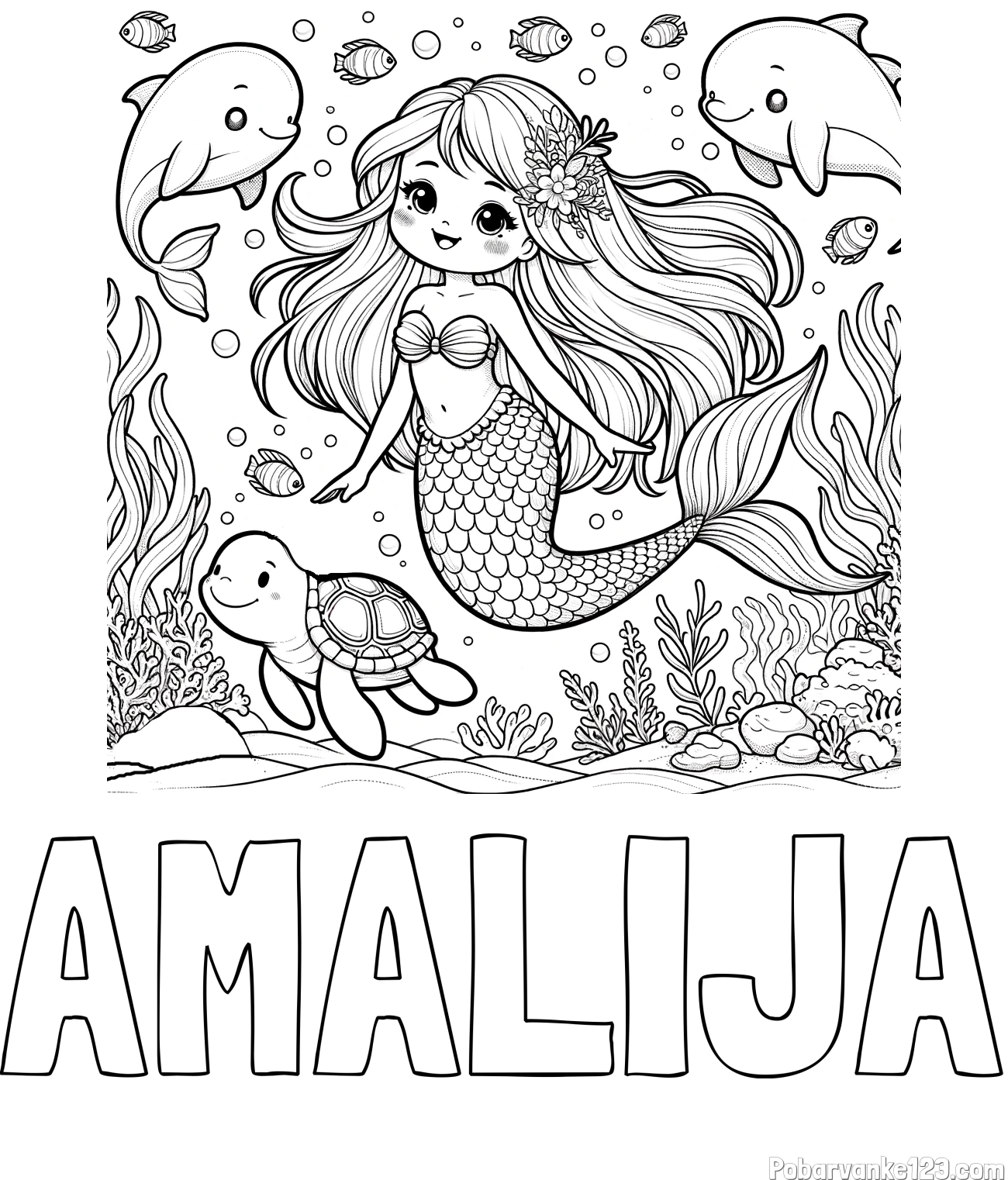 Pobarvanka imena AMALIJA in pobarvana ljubke morske deklice s prijatelji
