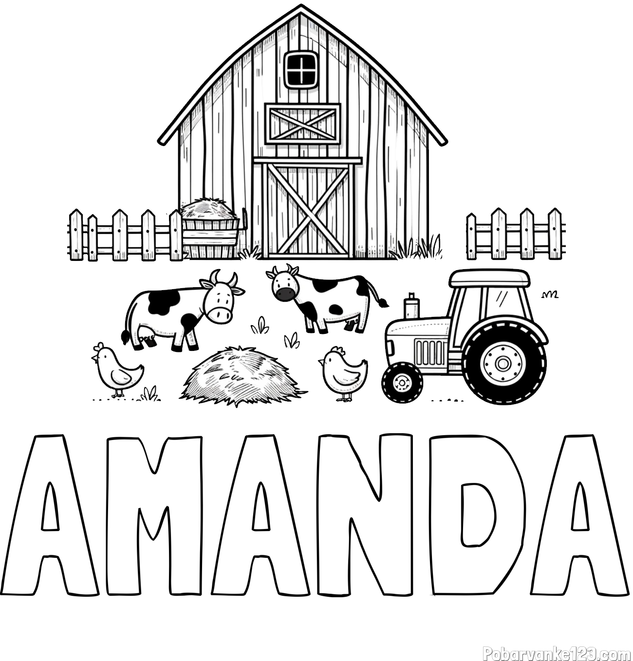 Pobarvanka imena AMANDA in otroška pobarvanka velikega senika, krav in traktorja