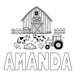 Online izdelana pobarvanka - Pobarvanka imena AMANDA in otroška pobarvanka velikega senika, krav in traktorja