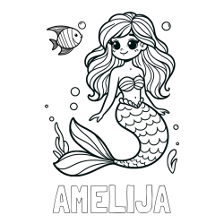 Online izdelana pobarvanka - Pobarvanka imena AMELIJA in pobarvanka male morske deklice in ribice