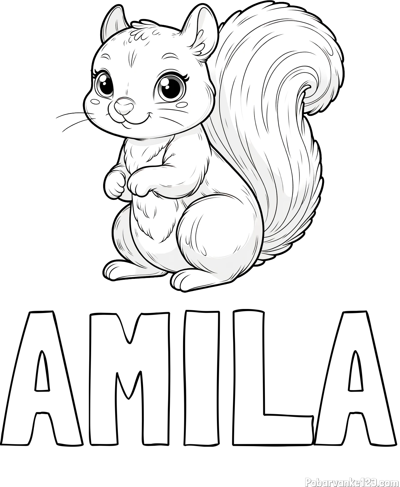 Pobarvanka imena AMILA in pobarvanka zelo ljubke in nasmejane veverice