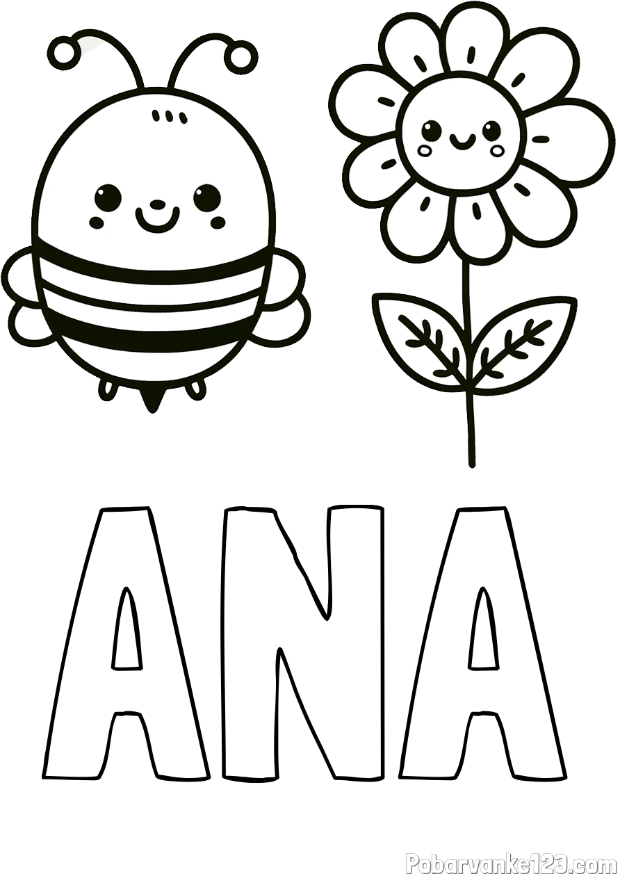 Pobarvanka imena ANA in pobarvanka ljubke čebelice in nasmejane rože