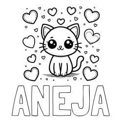 Online izdelana pobarvanka - Pobarvanka imena ANEJA in pobarvanka ljubke mucke obdane z veliko srčki
