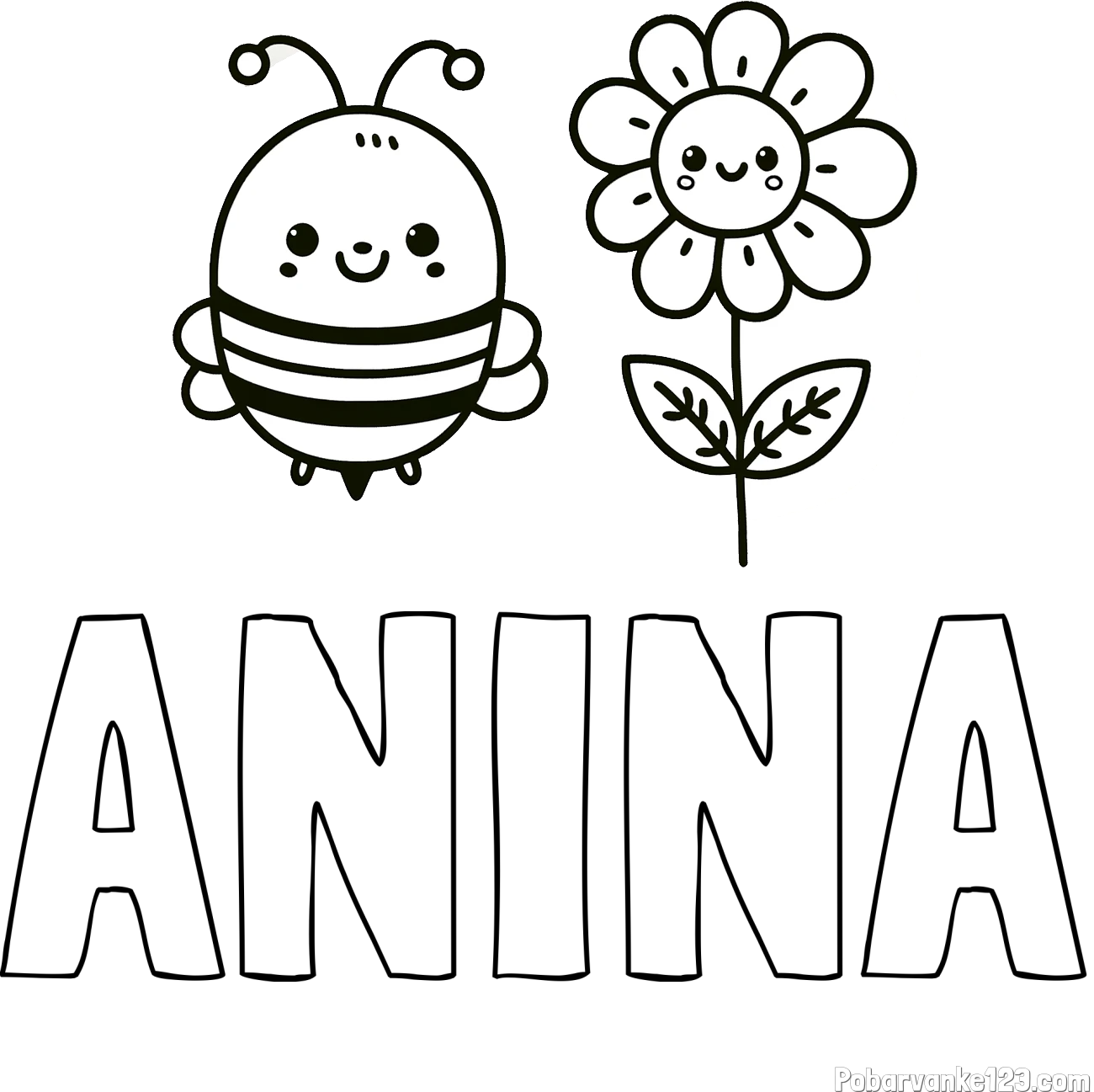 Pobarvanka imena ANINA in pobarvanka ljubke čebelice in nasmejane rože