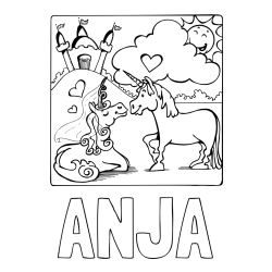 Online izdelana pobarvanka - Pobarvanka imena ANJA in pobarvanka zaljubljenih samorogov