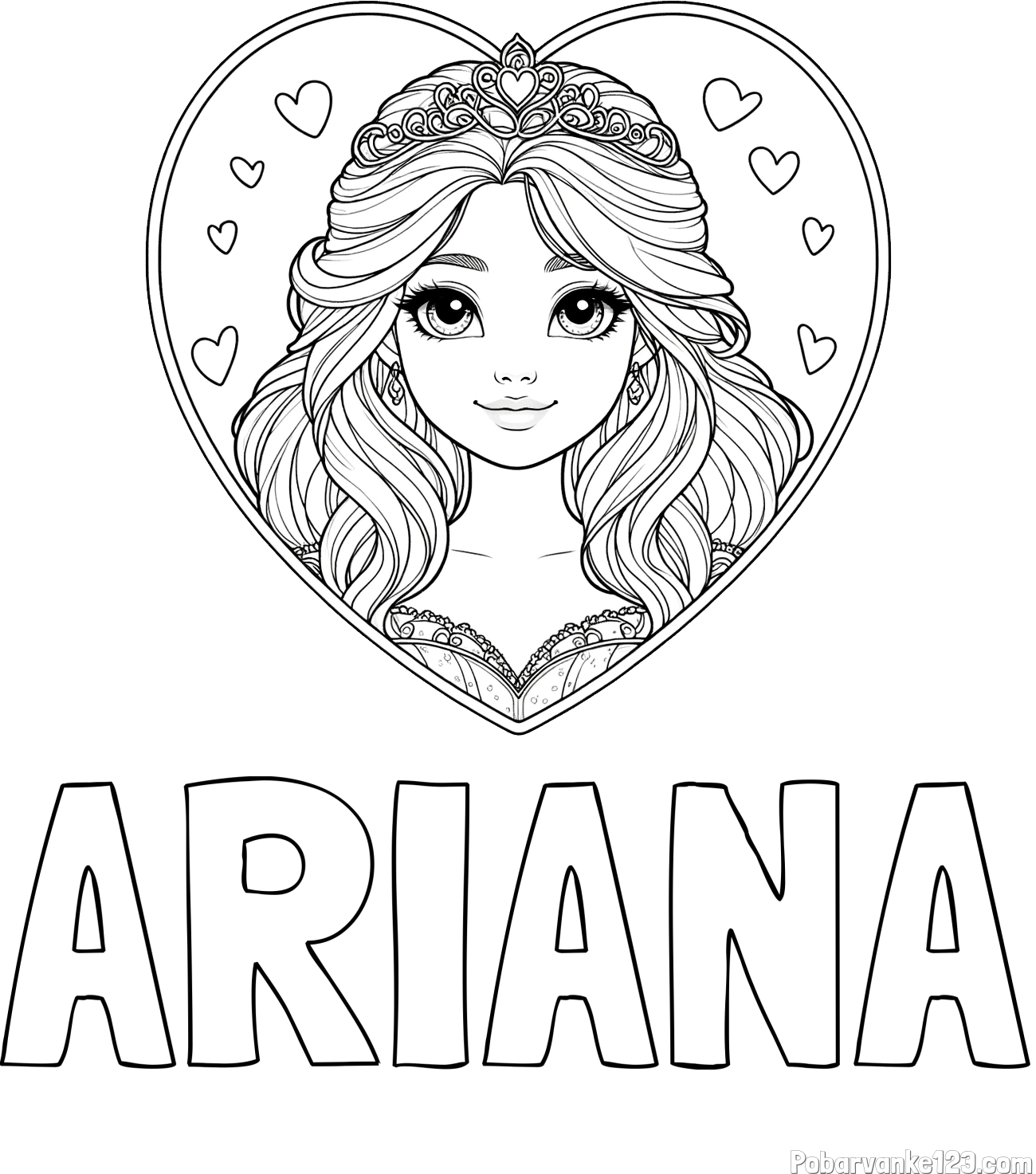 Pobarvanka imena ARIANA in pobarvanka princeske ter srčkov