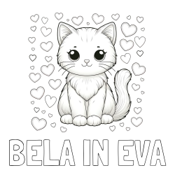 Online izdelana pobarvanka - Pobarvanka imena BELA IN EVA in pobarvanka ljubke mucke obdane s srčki