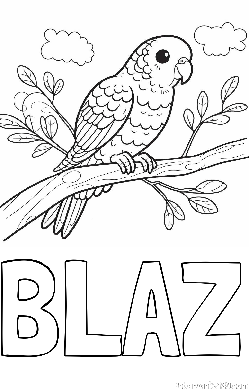 Pobarvanka imena BLAŽ in pobarvanka ljubkega kanarčka na veji