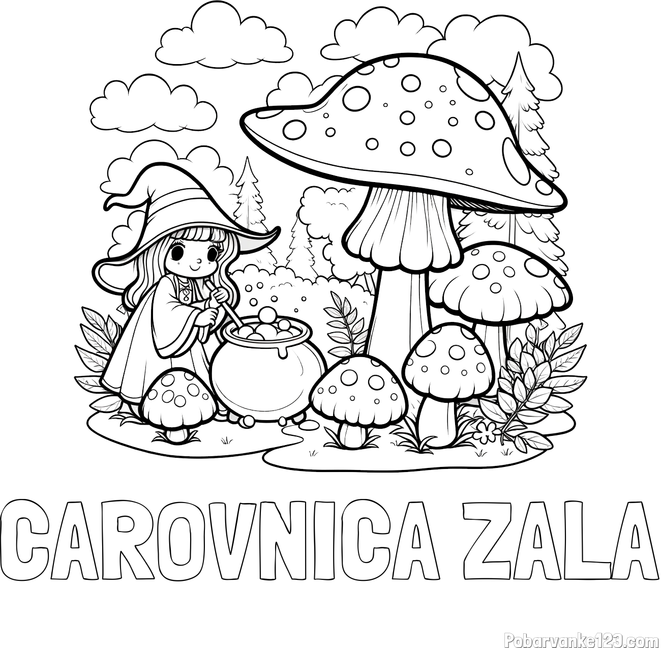 Pobarvanka imena ČAROVNICA ZALA in pobarvanka čarovnice med gobami