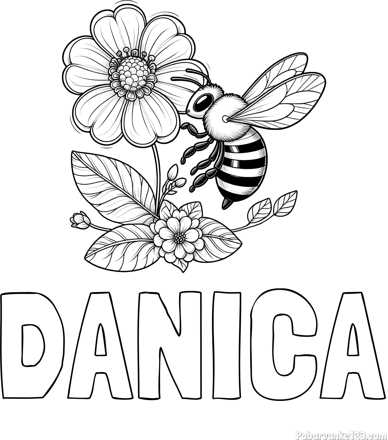 Pobarvanka imena DANICA in otroška pobarvanka čebelice in rožice