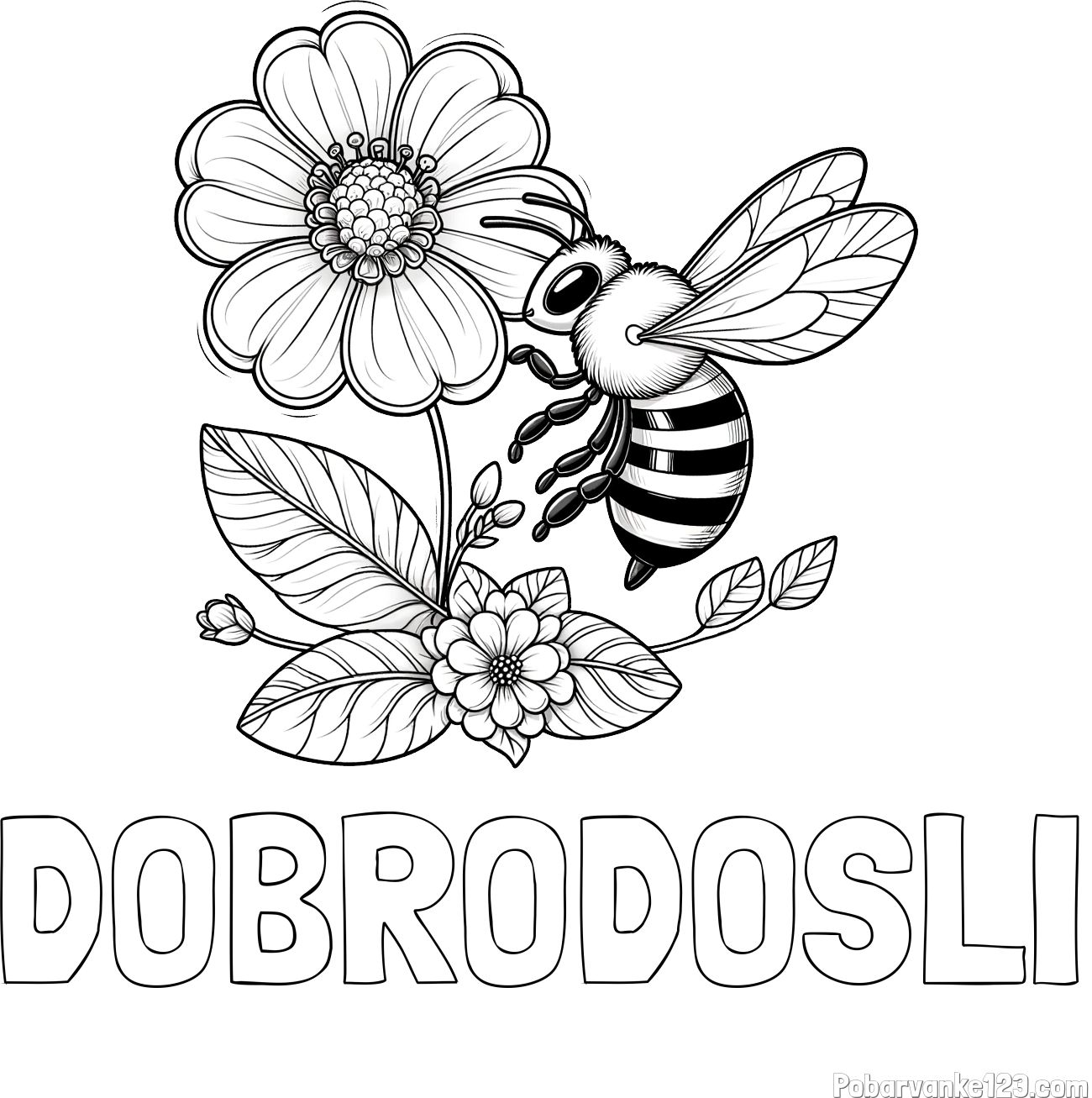 Pobarvanka imena DOBRODOŠLI in otroška pobarvanka čebelice in rožice