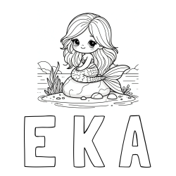 Online izdelana pobarvanka - Pobarvanka imena E K A in pobarvanka prikupne morske deklice, ki sedi na kamnu ob obali