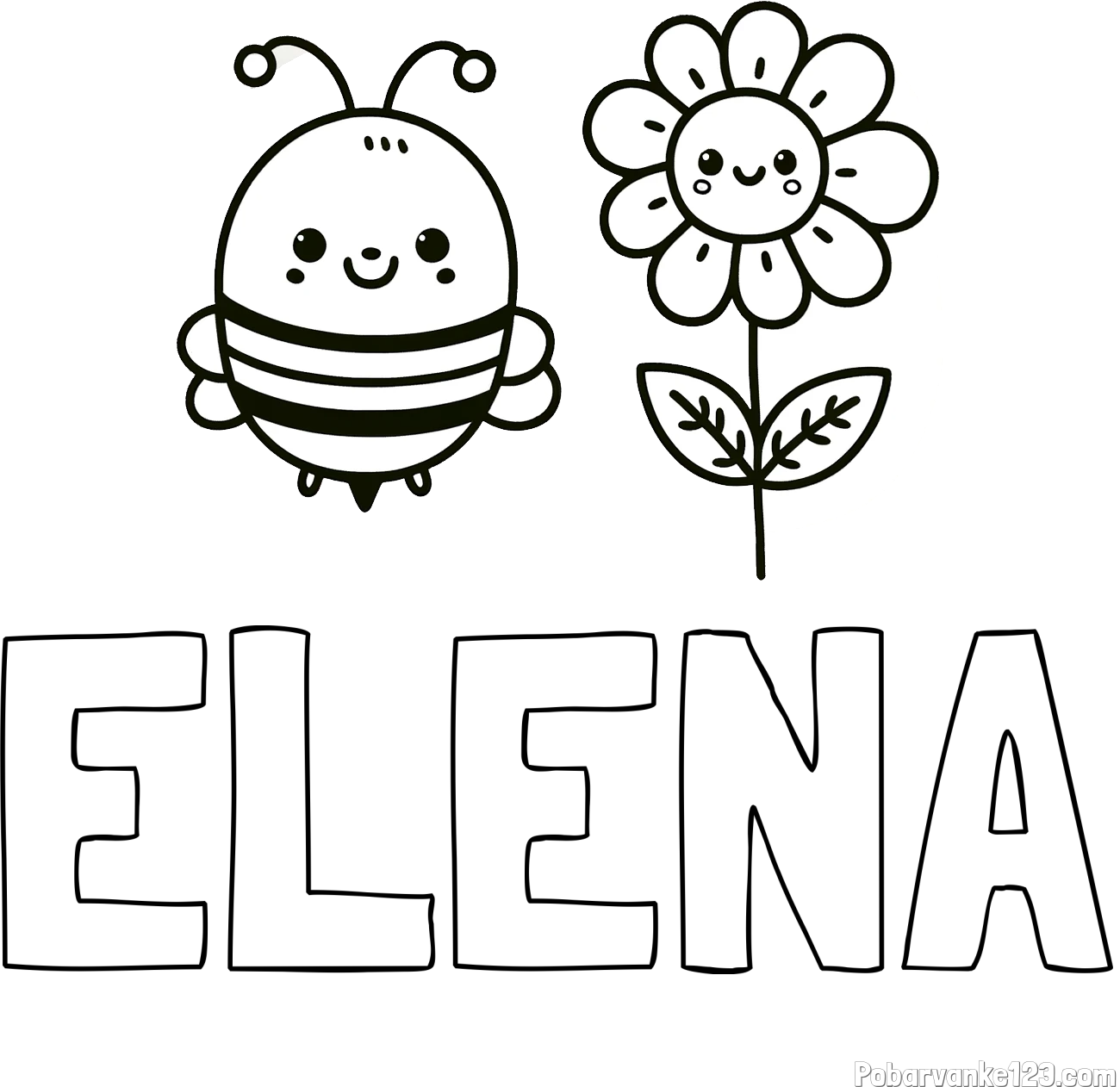 Pobarvanka imena ELENA in pobarvanka ljubke čebelice in nasmejane rože