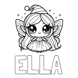 Online izdelana pobarvanka - Pobarvanka imena ELLA in pobarvanka ljubke čarobne vile z velikimi očmi
