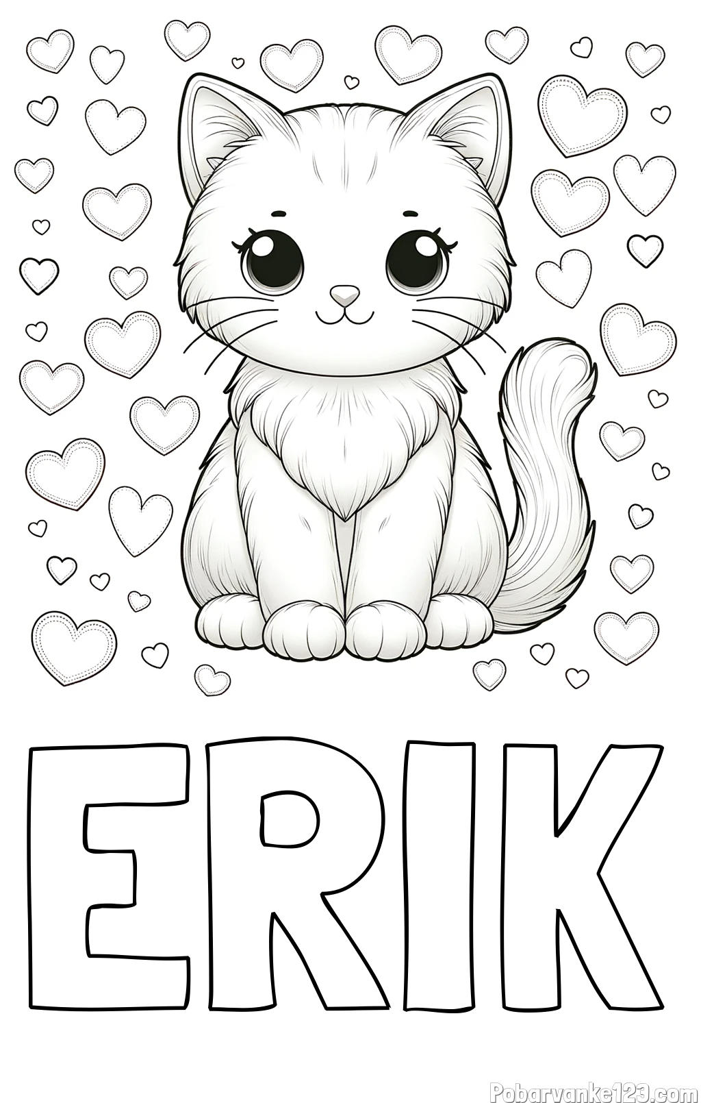 Pobarvanka imena ERIK in pobarvanka ljubke mucke obdane s srčki