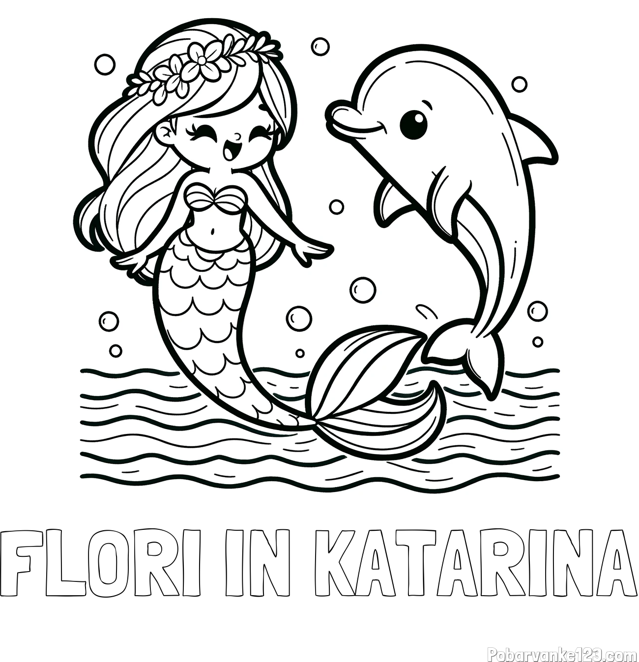Pobarvanka imena FLORI IN KATARINA in pobarvanka ljubke morske deklice, ki pleše z delfinom