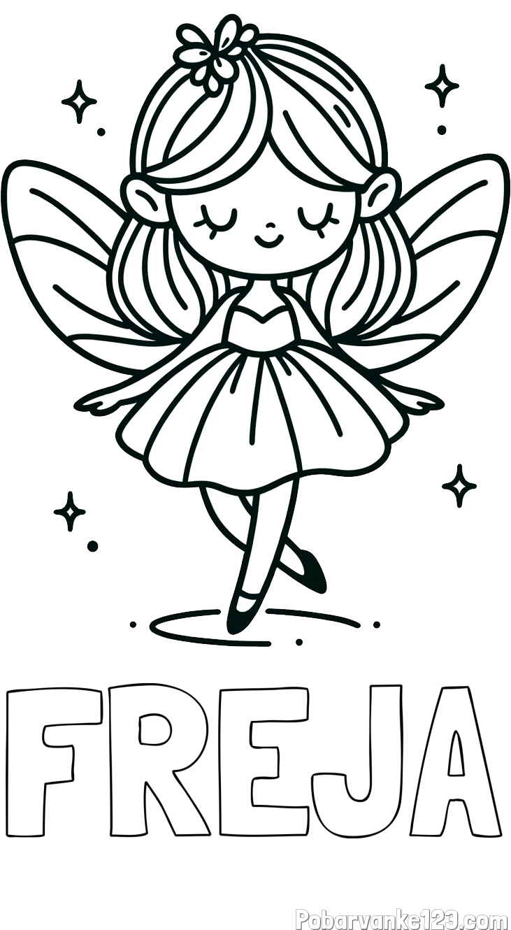 Pobarvanka imena FREJA in enostavna pobarvanka čarobne vile