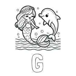 Online izdelana pobarvanka - Pobarvanka imena G in pobarvanka ljubke morske deklice, ki pleše z delfinom